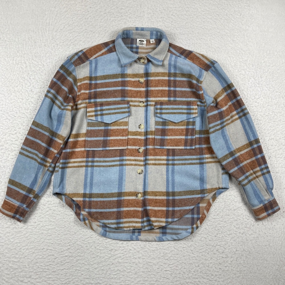 Ford Bronco Flannel Shirt Womens Small Blue Brown Plaid Graphic Back Shacket - Picture 2 of 12